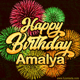 Golden text reading 'Happy Birthday Amalya' surrounded by vibrant fireworks in red, green, and yellow, set against a dark background in this celebratory birthday GIF.