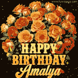 Animated bouquet of orange roses with moving butterfles and golden 'Happy Birthday Amalya' text, surrounded by sparkling accents and a dark backdrop for a luxurious feel.