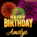 A golden 'Happy Birthday Amalya' message with vibrant fireworks in the background, creating a festive and celebratory vibe in this animated name GIF.