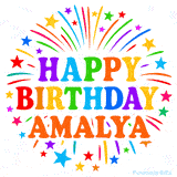 Happy Birthday Amalya' GIF with rainbow-colored letters, colorful stars, and fireworks on white background.