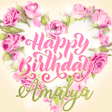 A stunning heart made of pink roses surrounds the elegant script text 'Happy Birthday Amalya' on a soft beige background. Animated sparkles add a magical and festive feel.
