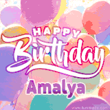 A vibrant name GIF featuring colorful balloons in shades of pink, orange, and yellow with the bold text 'Happy Birthday Amalya' in festive fonts, creating a lively birthday vibe.