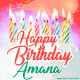 Bright birthday candles with rainbow flames on a cake, alongside the text 'Happy Birthday Amana' in vibrant script in this celebratory animated GIF.