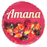 Beautifully decorated red velvet berry birthday cake with vibrant fruits and a glowing 'Amana' name, adding a touch of sweetness and sparkle.