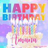 A vibrant animated name GIF with the words 'Happy Birthday Amana' with colorful candles on a creamy cake. The background sparkles with pastel shades, adding a festive touch.