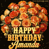 Animated bouquet of orange roses with moving butterfles and golden 'Happy Birthday Amanda' text, surrounded by sparkling accents and a dark backdrop for a luxurious feel.