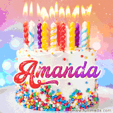A cheerful white birthday cake with multicolor sprinkles, lit candles, and 'Amanda' written in vibrant letters, in an animated GIF.
