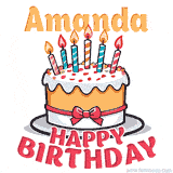 Cartoon birthday cake with a red bow, glowing candles, and 'Amanda Happy Birthday' text in bold animated style.