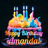 A mesmerizing animated cake with multicolor frosting and candles, and the words 'Happy Birthday Amanda' on the black background.