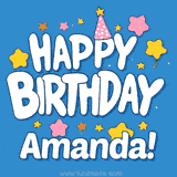 Colorful animated birthday card with the text 'HAPPY BIRTHDAY Amanda!' in a white playful font surrounded by stars, hearts, and a party hat on a blue background.