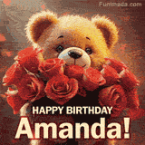 Cinematic style cute animated teddy bear with charming features holding a large bouquet of red roses, the words say 'Happy Birthday Amanda' in sans serif font.