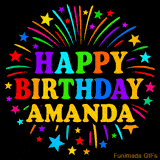 Personalized greeting card with name, colorful text that says 'Happy Birthday Amanda' surrounded by animated fireworks and multicolor stars