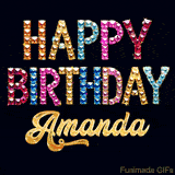 Vibrant luxury birthday greeting card for Amanda, showing glittering gemstone letters and golden calligraphy on a dark background with twinkling shine effects.
