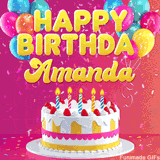 Pink-themed animated greeting with balloons, confetti, and a frosted cake under the message 'Happy Birthday Amanda' in bold rounded yellow font.
