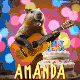 Animated birthday GIF showing a capybara playing guitar and singing beside a birthday cake with the name Amanda in large letters and colorful bokeh lights in the background.