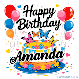 An animated birthday card for Amanda. It features a festive cake with her name, 'Amanda', and colorful butterflies. Floating balloons and hearts complete the joyful scene.