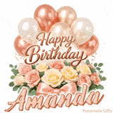 Pastel metallic balloons and rose bouquet Happy Birthday Amanda GIF