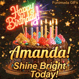 Festive chocolate cake GIF with the name Amanda! written on the dark glaze under flickering candles.