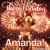 Festive red gift box GIF with the name Amanda written in bold script under metallic balloons.