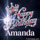 A detailed view of a silver crown with red and purple gemstones resting on crystal-encrusted letters spelling Happy Birthday Amanda.