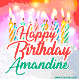 Bright birthday candles with rainbow flames on a cake, alongside the text 'Happy Birthday Amandine' in vibrant script in this celebratory animated GIF.