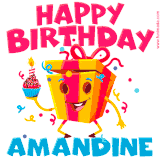 A vibrant and funny gift box character with a happy face dancing with a cupcake and the text 'Happy Birthday Amandine,' surrounded by animated confetti and party vibes.