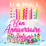 A white birthday cake covered in colorful sprinkles, topped with bright candles, and French text 'Bon Anniversaire Amani' on a pastel gradient background in an animated GIF.