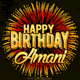 Golden 'Happy Birthday Amani' text accompanied by animated rainbow fireworks for a festive animated greeting.