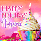 A vibrant birthday GIF featuring a rainbow-colored cupcake topped with white frosting, sprinkles, and a lit candle. The text reads 'Happy Birthday Amani' in bold pink and violet letters with white outline.
