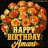 Animated bouquet of orange roses with moving butterfles and golden 'Happy Birthday Amani' text, surrounded by sparkling accents and a dark backdrop for a luxurious feel.