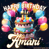 Bright birthday animation for Amani with a chocolate cake, candles, balloons, and glowing celebratory lights.