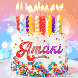 A cheerful white birthday cake with multicolor sprinkles, lit candles, and 'Amani' written in vibrant letters, in an animated GIF.