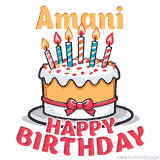 Cartoon birthday cake with a red bow, glowing candles, and 'Amani Happy Birthday' text in bold animated style.