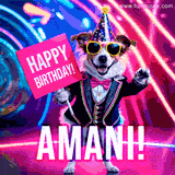 Animated GIF of a cool dog wearing a suit and sunglasses, holding a 'Happy Birthday' sign for Amani, set against a bright and colorful neon party background.