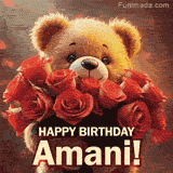 Cinematic style cute animated teddy bear with charming features holding a large bouquet of red roses, the words say 'Happy Birthday Amani' in sans serif font.