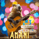 Animated birthday GIF showing a capybara playing guitar and singing beside a birthday cake with the name Amani in large letters and colorful bokeh lights in the background.