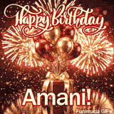 Close-up of a decorative gift box with a golden bow and warm glowing firework flames, made for Amani.
