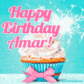 Happy Birthday Amar! Elegang Sparkling Cupcake GIF Image.