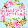 Beautiful Birthday Flowers Card for Amar with Animated Butterflies