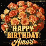 Animated bouquet of orange roses with moving butterfles and golden 'Happy Birthday Amari' text, surrounded by sparkling accents and a dark backdrop for a luxurious feel.