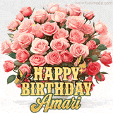 Golden 'Happy Birthday Amari' text beneath a vibrant bouquet of orange roses, complete with glittering butterflies and sparkling details.