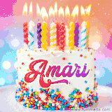 A cheerful white birthday cake with multicolor sprinkles, lit candles, and 'Amari' written in vibrant letters, in an animated GIF.