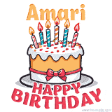 Cartoon birthday cake with a red bow, glowing candles, and 'Amari Happy Birthday' text in bold animated style.