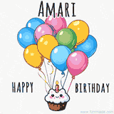 An adorable and cute cupcake with a smiley face and moving colorful balloons create a joyful birthday greeting for Amari in this cheerful animated greeting E-card.