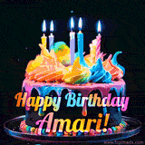 A mesmerizing animated cake with multicolor frosting and candles, and the words 'Happy Birthday Amari' on the black background.