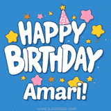 Colorful animated birthday card with the text 'HAPPY BIRTHDAY Amari!' in a white playful font surrounded by stars, hearts, and a party hat on a blue background.