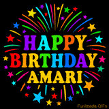 Personalized greeting card with name, colorful text that says 'Happy Birthday Amari' surrounded by animated fireworks and multicolor stars