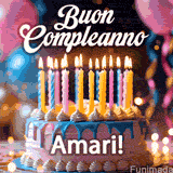 Birthday cake topped with pink and yellow lit candles, surrounded by glowing bokeh lights and party balloons. The greeting 'Buon Compleanno Amari GIF!' is displayed.