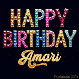 Vibrant luxury birthday greeting card for Amari, showing glittering gemstone letters and golden calligraphy on a dark background with twinkling shine effects.