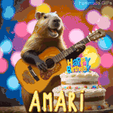 Animated birthday GIF showing a capybara playing guitar and singing beside a birthday cake with the name Amari in large letters and colorful bokeh lights in the background.